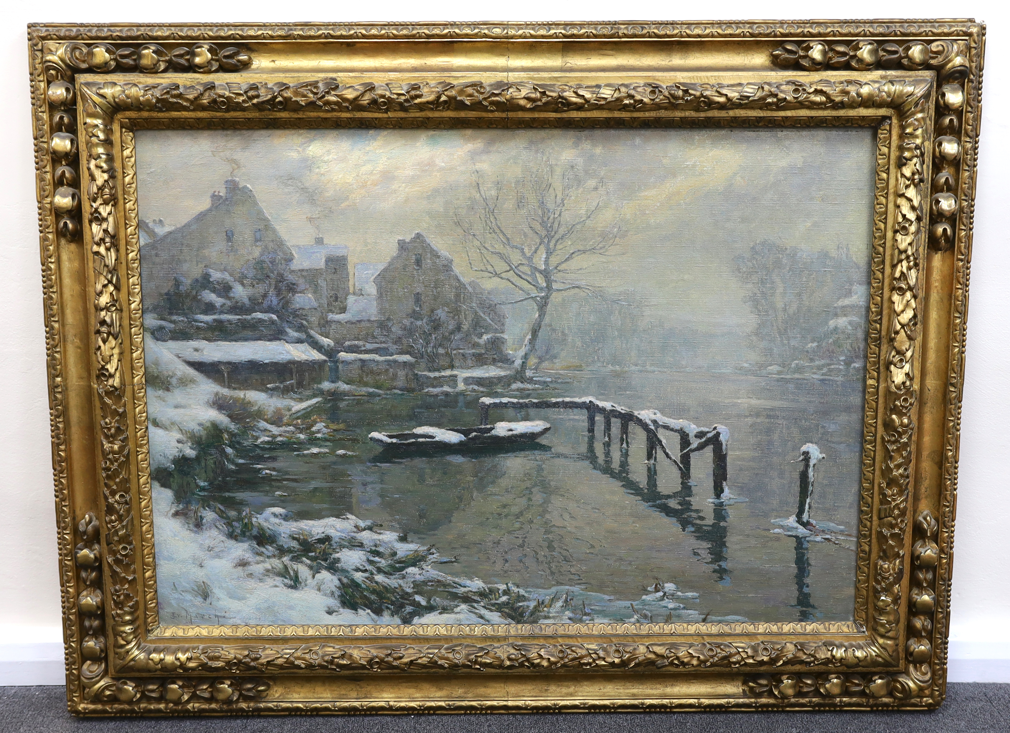 Ernest Gaston Marché (French, 1864-1932), French river landscape in winter, oil on canvas, 64 x 92cm
